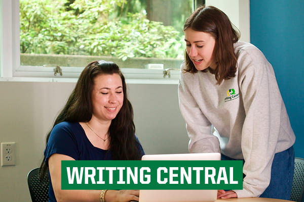 Image of two students working at a laptop with the text "Writing Central"